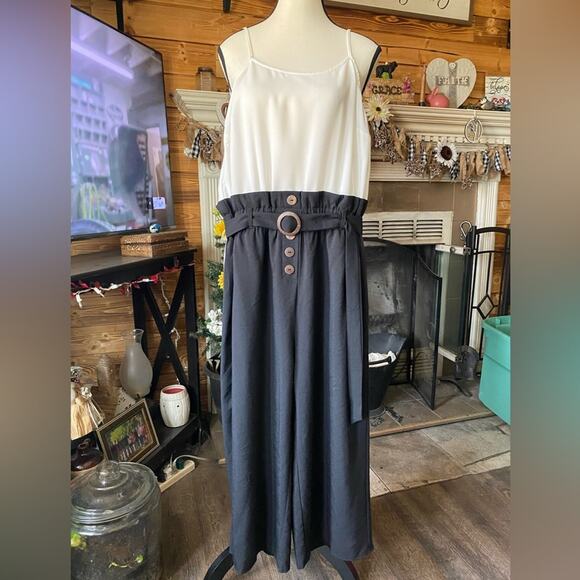 NWT Blush Sz 10 Black and White Paperbag button self-belted waist pant suit - Picture 1 of 14